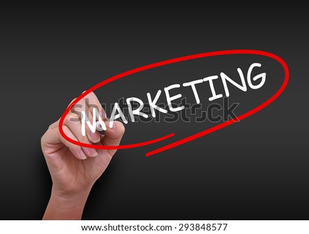 Marketing word drawn by hand on a transparent board