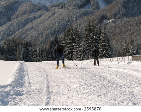 Beautiful winter landscape showing a cross-country ski run with people exercising