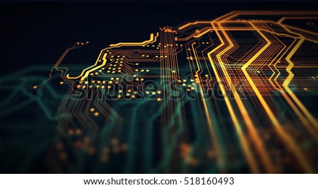 Orange and green technology background circuit board and html code,3D illustration/Orange and green technology background
