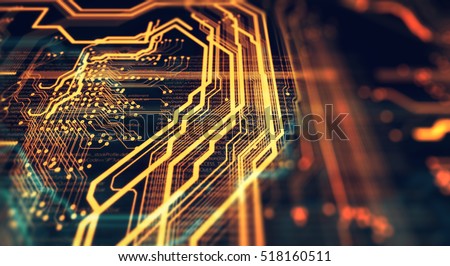 Orange and green technology background circuit board and html code,3D illustration/Orange and green technology background