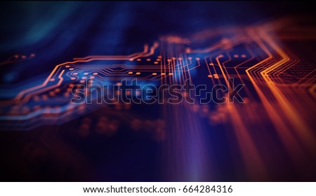 Orange and blue technology background circuit board and code. 3d Illustration/Orange,  blue technology background