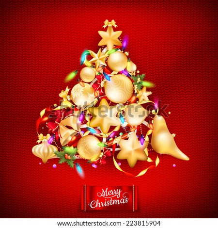 Christmas knitted red background with decorations and label. EPS 10 vector file included