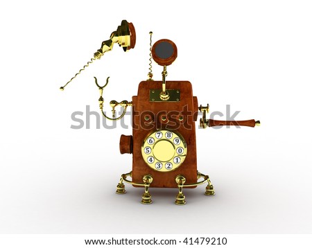 Futuristic retro phone over white background (Gold with wooden inserts) 3D