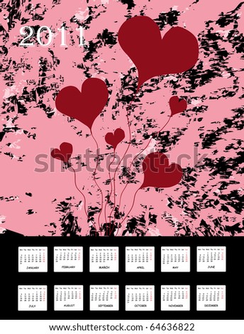 2012 annual calendar. stock vector : annual calendar for 2011 with abstract red hearts