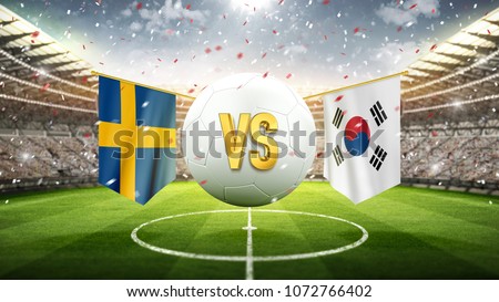 Fifa Cup. Sweden vs South Korea.
Soccer concept. White soccer ball with the flag in the stadium, 2018. 3d render