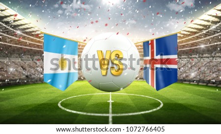 Fifa Cup. Argentina vs Iceland.
Soccer concept. White soccer ball with the flag in the stadium, 2018. 3d render