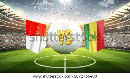 Fifa Cup. Poland vs Senegal.\
Soccer concept. White soccer ball with the flag in the stadium, 2018. 3d render