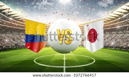Fifa Cup. Colombia vs Japan.\
Soccer concept. White soccer ball with the flag in the stadium, 2018. 3d render