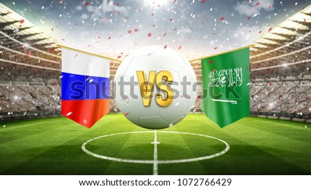 Fifa Cup. Russia vs Saudi Arabia.\
Soccer concept. White soccer ball with the flag in the stadium, 2018. 3d render