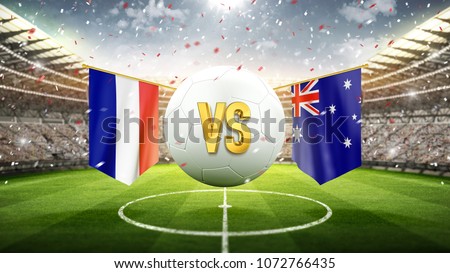Fifa Cup. France vs Australia.\
Soccer concept. White soccer ball with the flag in the stadium, 2018. 3d render