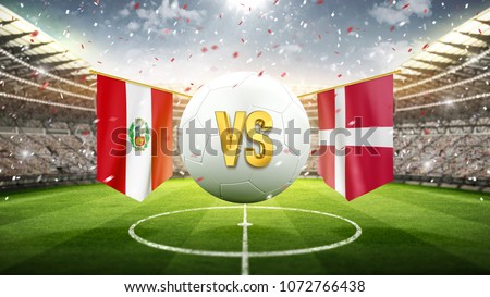 Peru vs. Denmark.
Soccer concept. White soccer ball with the flag in the stadium, 2018. 3d render