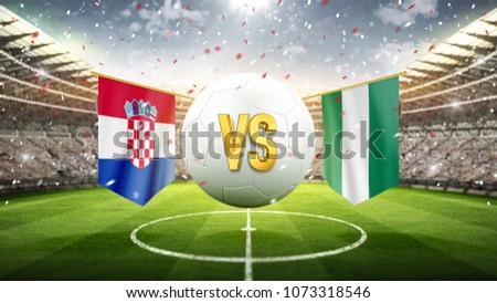 Croatia vs Nigeria.
Soccer concept. White soccer ball with the flag in the stadium, 2018. 3d render