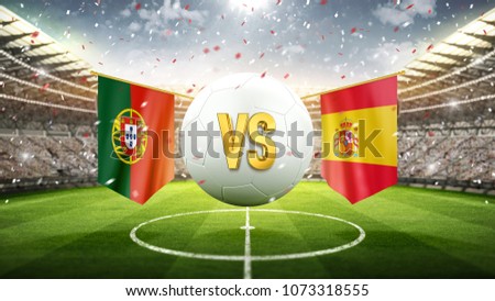 Portugal vs Spain.
Soccer concept. White soccer ball with the flag in the stadium, 2018. 3d render