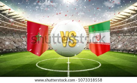 Fifa Cup. Morocco vs Iran.\
Soccer concept. White soccer ball with the flag in the stadium, 2018. 3d render