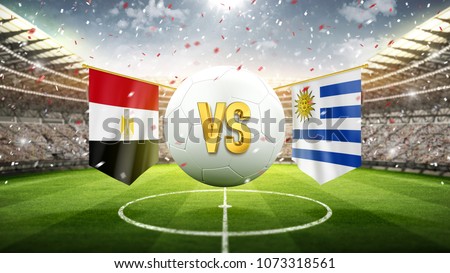 Fifa Cup. Egypt vs Uruguay.\
Soccer concept. White soccer ball with the flag in the stadium, 2018. 3d render