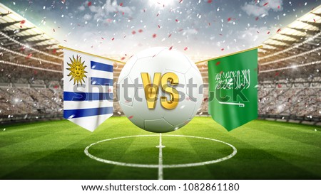 Uruguay vs Saudi Arabia.\
Soccer concept. White soccer ball with the flag in the stadium, 2018. 3d render