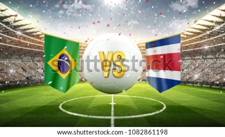 Brazil vs Costa-Rica.\
Soccer concept. White soccer ball with the flag in the stadium, 2018. 3d render