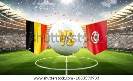 Belgium vs Tunisia.
Soccer concept. White soccer ball with the flag in the stadium, 2018. 3d render