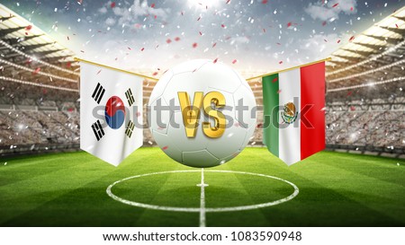 Fifa Cup. South Korea vs Mexico.
Soccer concept. White soccer ball with the flag in the stadium, 2018. 3d render