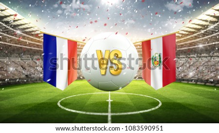 France vs Peru.\
Soccer concept. White soccer ball with the flag in the stadium, 2018. 3d render