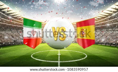 Iran vs Spain.
Soccer concept. White soccer ball with the flag in the stadium, 2018. 3d render