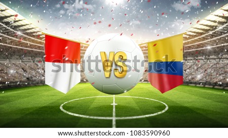Poland vs Colombia.
Soccer concept. White soccer ball with the flag in the stadium, 2018. 3d render