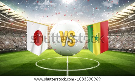 Japan vs Senegal.
Soccer concept. White soccer ball with the flag in the stadium, 2018. 3d render
