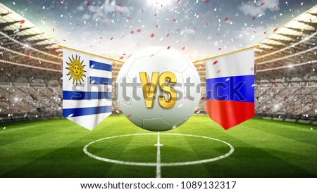 Uruguay vs Russia.\
Soccer concept. White soccer ball with the flag in the stadium, 2018. 3d render