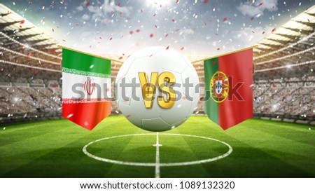 Iran vs Portugal.
Soccer concept. White soccer ball with the flag in the stadium, 2018. 3d render