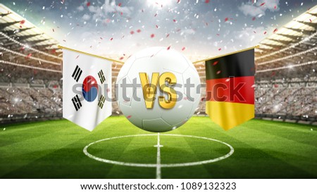 South Korea vs Germany.
Soccer concept. White soccer ball with the flag in the stadium, 2018. 3d render