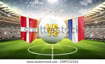 Denmark vs France.\
Soccer concept. White soccer ball with the flag in the stadium, 2018. 3d render