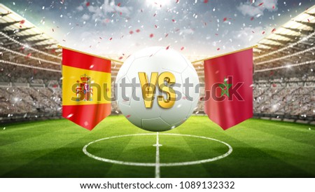 Spain vs Morocco.\
Soccer concept. White soccer ball with the flag in the stadium, 2018. 3d render
