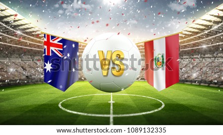 Australia vs Peru.
Soccer concept. White soccer ball with the flag in the stadium, 2018. 3d render