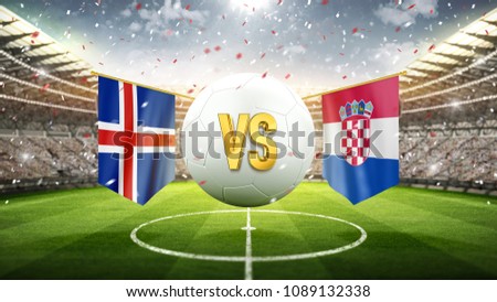 Iceland vs Croatia.
Soccer concept. White soccer ball with the flag in the stadium, 2018. 3d render