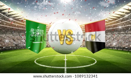 Saudi Arabia vs Egypt. Soccer concept. White soccer ball with the flag in the stadium, 2018. 3d render