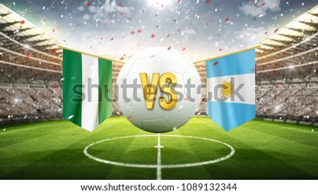 Nigeria vs Argentina.
Soccer concept. White soccer ball with the flag in the stadium, 2018. 3d render