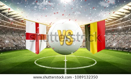 England vs Belgium.
Soccer concept. White soccer ball with the flag in the stadium, 2018. 3d render