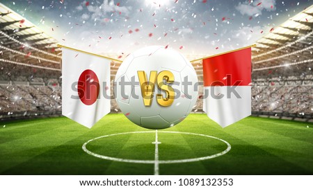 Japan vs Poland.\
Soccer concept. White soccer ball with the flag in the stadium, 2018. 3d render