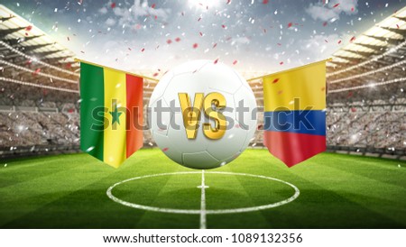Senegal vs Colombia.
Soccer concept. White soccer ball with the flag in the stadium, 2018. 3d render