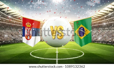 Serbia vs Brazil. Soccer concept. White soccer ball with the flag in the stadium, 2018. 3d render