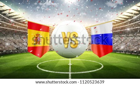 Spain vs Russia.
Soccer concept. White soccer ball with the flag in the stadium, 2018. 3d render