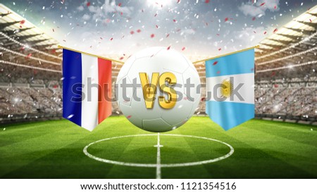 France vs Argentina. Soccer concept. White soccer ball with the flag in the stadium, 2018. 3d render