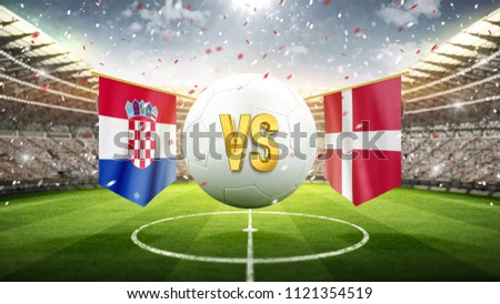 Croatia vs Denmark.\
Soccer concept. White soccer ball with the flag in the stadium, 2018. 3d render