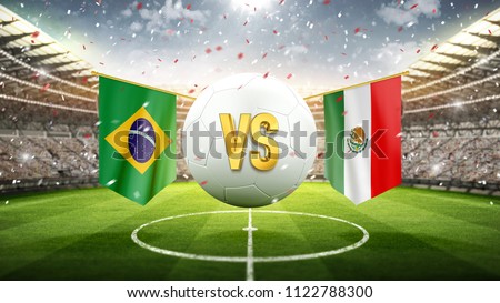 Brazil vs Mexico.
Soccer concept. White soccer ball with the flag in the stadium, 2018. 3d render