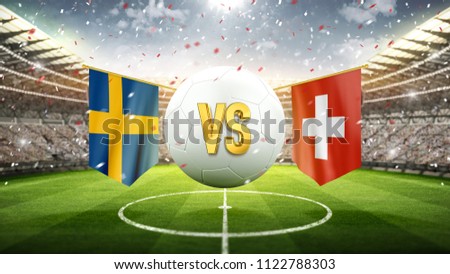 Sweden vs Switzerland.\
Soccer concept. White soccer ball with the flag in the stadium, 2018. 3d render