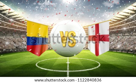 Colombia vs England.
Soccer concept. White soccer ball with the flag in the stadium, 2018. 3d render