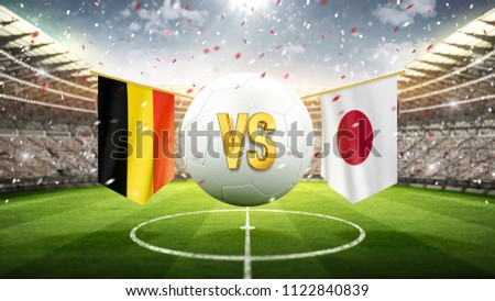Belgium vs Japan.
Soccer concept. White soccer ball with the flag in the stadium, 2018. 3d render