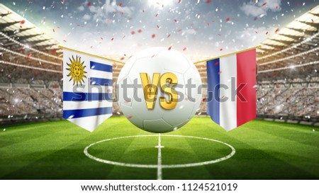 Uruguay vs France.\
Soccer concept. White soccer ball with the flag in the stadium, 2018. 3d render