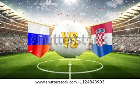 Russia vs Croatia.
Soccer concept. White soccer ball with the flag in the stadium, 2018. 3d render