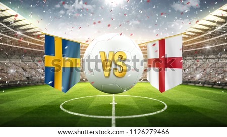 Sweden vs England.
Soccer concept. White soccer ball with the flag in the stadium, 2018. 3d render